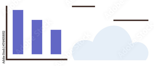 Blue bar graph alongside a minimalistic cloud, representing data analysis, cloud computing, environmental studies, information sharing, technology, progress, and growth. Ideal for a modern flat