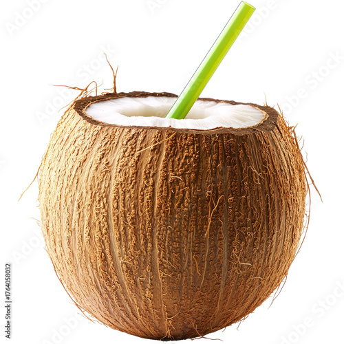 Fresh coconut drink with green straw against black background