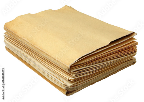 Stacked aged yellowed paper sheets in a chaotic arrangement