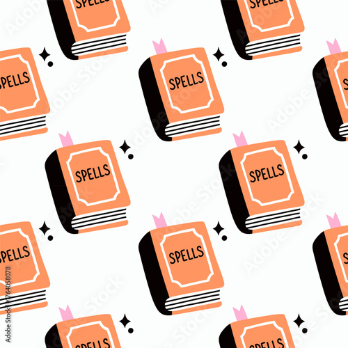 Simple spell book hand drawn Halloween seamless pattern on white background. Vector wallpaper illustration repeat design for fabric print, sticker, cover, wrapping.