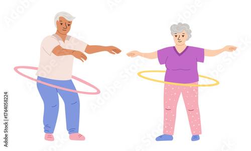 Elderly couple doing sports, hula hoop exercise for waist. Health exercise adult senor and senora hobbies. Elderly characters old men women fitness gymnastics, cardio, rehabilitation vector design
