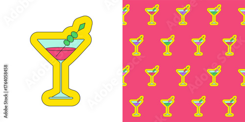 Martini cocktail sticker retro cartoon seamless pattern. Cocktail comic cartoon groovy trendy 90s boundless background. Psychedelic endless vector for paper print textile, wrapper backdrop template