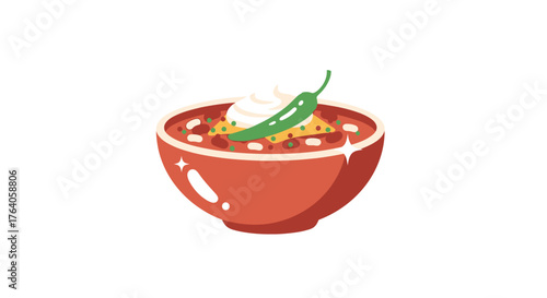 Delicious Chili Bowl with Toppings and Green Chili Pepper.