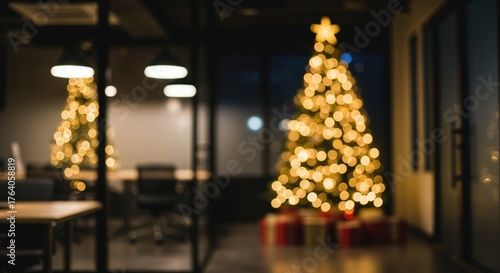 Festive Office Christmas: An atmospheric, warm-lit office is decked out for the holidays, a beautifully decorated Christmas tree takes center stage, radiating joy.