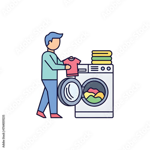 Person folding laundry next to a washing machine with clean clothes stacked on top, illustrating a household chore and domestic task