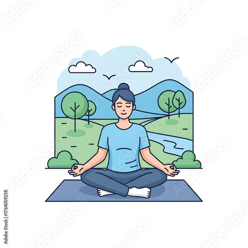 Peaceful woman meditating in lotus position on a yoga mat outdoors, embracing tranquility and wellness in a serene natural environment with mountains and trees