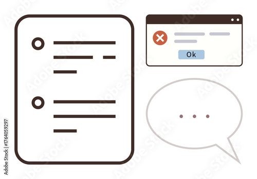 UI file document with bullet points, error message popup window with confirmation button, and text bubble with ellipsis. Ideal for communication, feedback, data management, error handling, clean