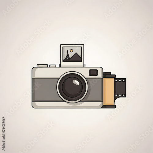 Retro analog camera illustration, featuring an exposed film roll and a developing instant photo, embodying the charm of vintage photography and the art of capturing timeless memories