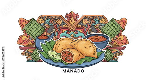 Colorful illustration of Manado cuisine with empanadas, sauce, and decorative background