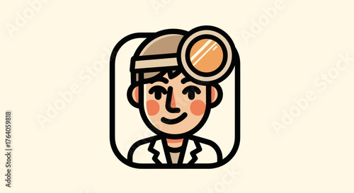A cartoon image of a doctor wearing a headlamp. The face is friendly, and the style is flat
