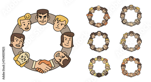 Cartoon depiction of circular arrangements of stylized faces, some shaking hands