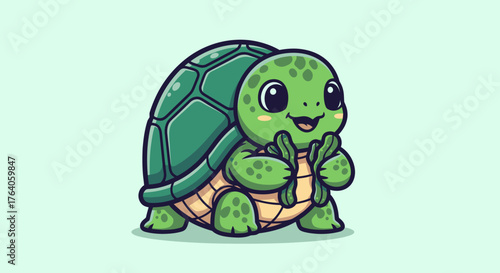 Cute cartoon turtle with a green shell and big eyes smiles with its arms up