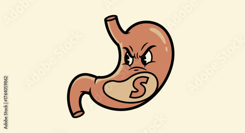 Cartoon stomach with an angry face, brown with black outline on cream background