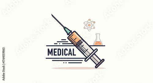 Cartoon medical graphic showing a syringe, atomic structure, beaker, and "MEDICAL" text on a white background
