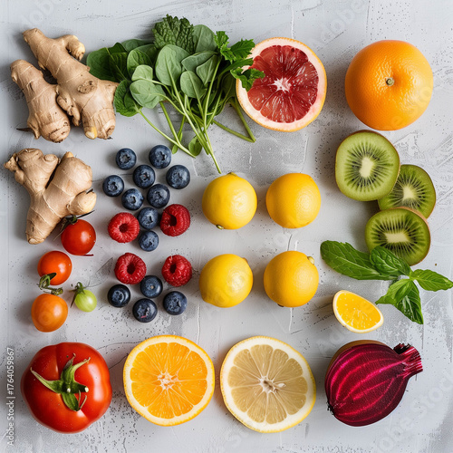 Colorful assortment of fresh fruits, berries, and vegetables arranged on gray textured surface