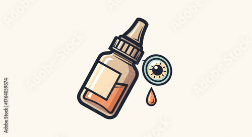 Illustration of an eye dropper bottle, an eye, and a single drop