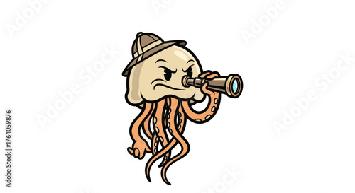 Cartoon jellyfish wearing a hat peers through a telescope with a focused expression