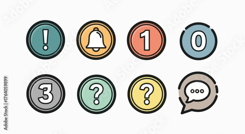 Group of colorful, circular icons exclamation, bell, numbers, question marks, and chat bubble on white