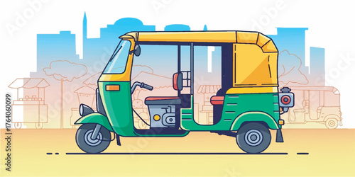 Colorful Auto Rickshaw Illustration with Clean Lines and Urban Style