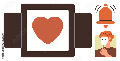Red heart on a screen symbolizes emotions, paired with an alert bell for notifications and a person holding a mask for identity or deception themes. Ideal for communication, love, social media