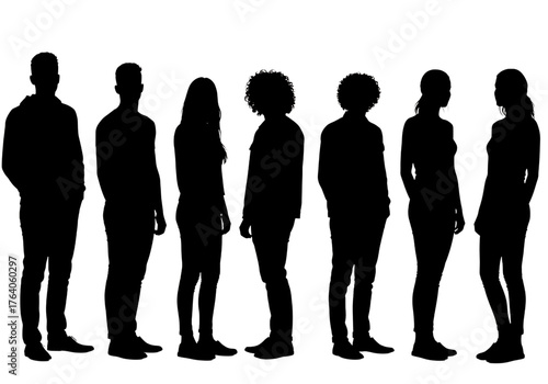 Silhouette of a diverse group of people standing in a line isolated on transparent background
