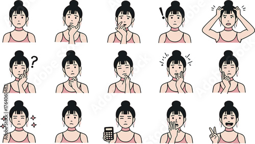 Various expressions of a young woman with a bun hairstyle isolated on white background