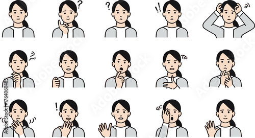 Various expressions of a young woman with ponytail isolated on white background