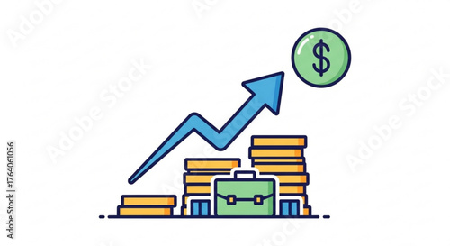 Illustration of financial growth with an upward arrow, coins, and a briefcase, , symbolizing investment success