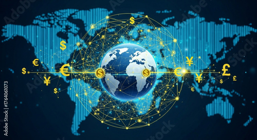 Global financial network with world map and currency symbols, representing international finance and digital connectivity