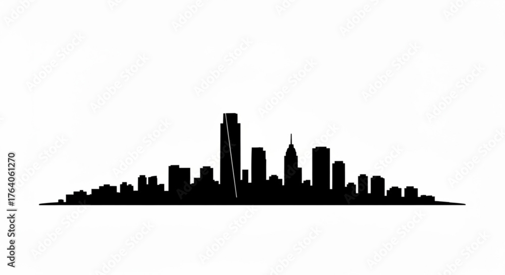 Fototapeta premium Silhouette of a cityscape with various tall buildings against a white background creating a skyline view