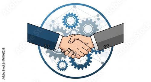 Handshake with gears symbolizes partnership, collaboration, and agreement in business and technology sectors