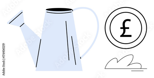 Watering can and pound coin represent investment, financial growth, savings, nurturing opportunities. Ideal for finance, economy, agriculture, investment savings budgeting sustainability. A simple