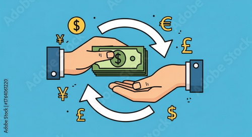 Currency exchange with hands exchanging money, representing global finance, trade, and investment opportunities