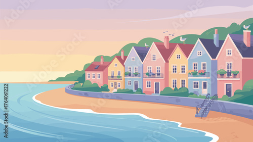 Coastal Village Houses Beach Seascape Vector