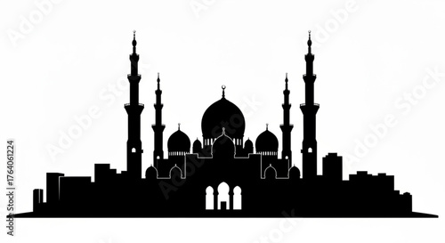 Silhouette of a grand mosque with multiple minarets and domes against a white background in a vector image