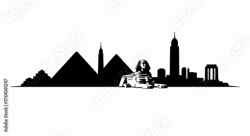 Black silhouette of egyptian pyramids sphinx and modern buildings on a white horizontal background