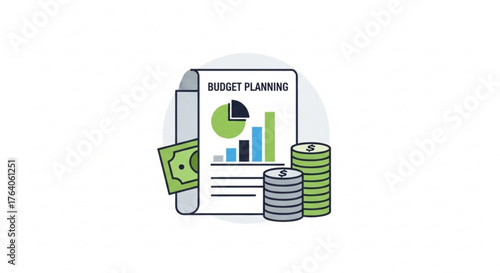 Budget planning document with bar graph, money, and coins, representing financial strategy and resource allocation