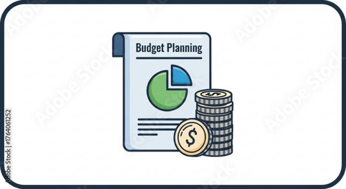 Budget planning document with pie chart and stack of coins, illustrating financial strategy and resource allocation