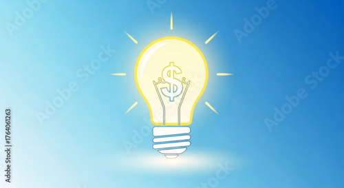 A bright idea light bulb with a dollar sign inside shining on a blue background, representing a financial concept or business opportunity
