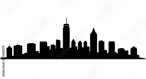 Silhouette of a city skyline with various buildings and skyscrapers against a white background in black color