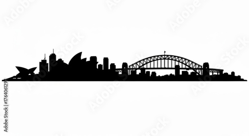 Silhouette of sydney skyline with opera house and harbour bridge against a white background view from afar