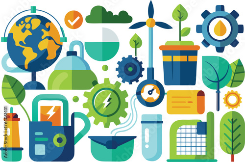Vibrant illustration showcasing sustainable energy and environmental conservation with earth, wind turbine, plants, gears, and other eco-friendly icons