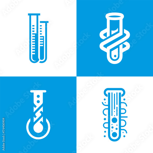 Four stylized illustrations of laboratory test tubes representing scientific research and experiments