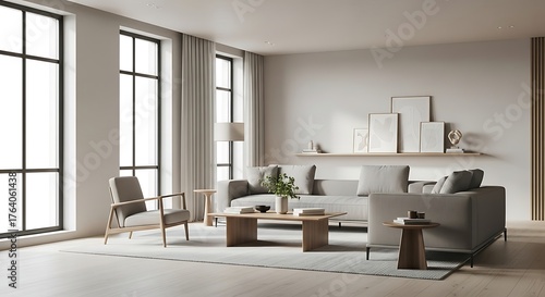 Minimalist Living Room with Cozy Armchair, Sofa, Coffee Table, and Shelves with Art