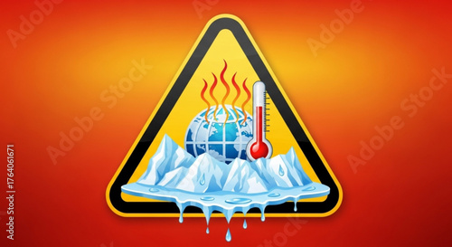 Global warming warning sign featuring melting ice, a thermometer, and a burning globe, highlighting the urgent need for climate action and sustainability