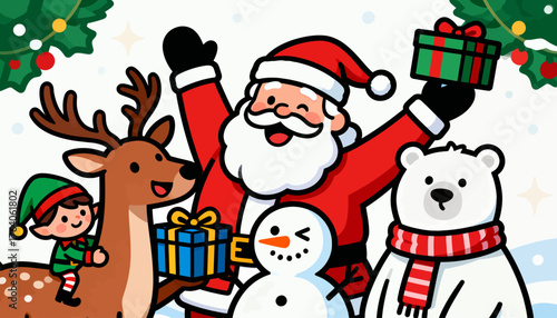 Cute Christmas characters Santa Claus reindeer elf snowman polar bear with gifts and tree