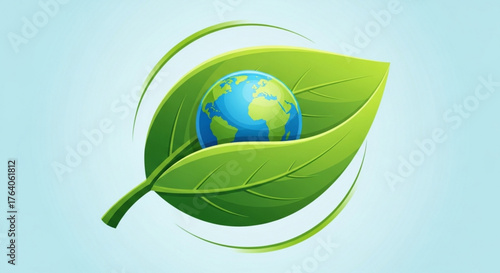 The earth is nestled in a vibrant green leaf, symbolizing environmental protection and sustainability, with a soft blue background creating a serene atmosphere
