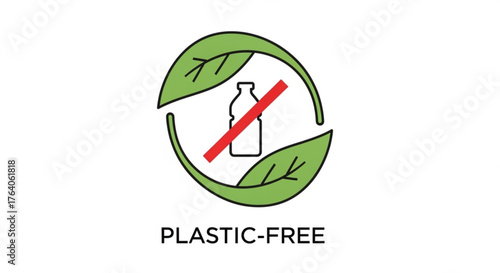 Plasticfree symbol with a crossedout plastic bottle surrounded by green leaves, , promoting environmental awareness and sustainability