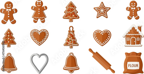 Assortment of Christmas Gingerbread Cookies and Baking Tools