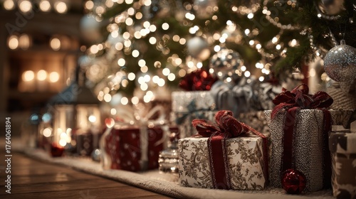 Wallpaper Mural festive holiday decorations featuring wrapped gifts and sparkling ornaments by a christmas tree with glowing lights in a cozy living room Torontodigital.ca